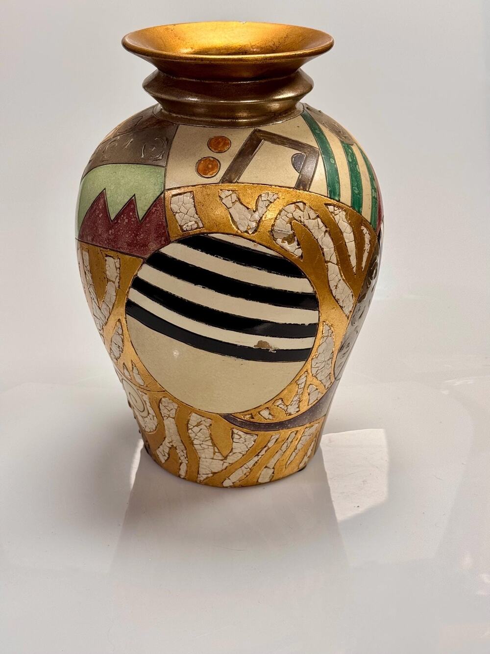 Alexander Kalifano Art Pottery Vase Abstract Mosaic Picasso Style 12” Gold